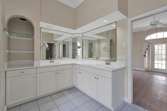 bathroom featuring vanity, tile patterned floors, and ceiling fan