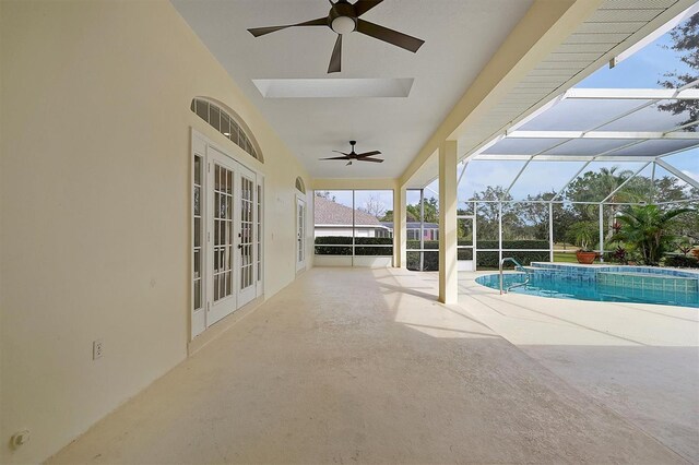 349 Plantation Club Dr, Debary, FL 32713 - outdoor pool with ceiling fan, french doors, a patio, and glass enclosure