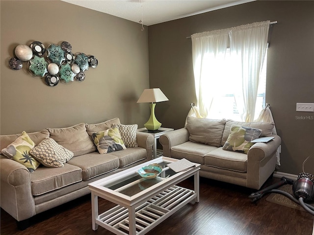 living room featuring dark wood-type flooring