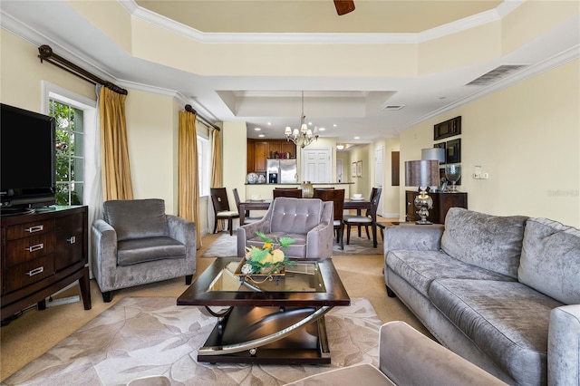 1370 Centre Court Ridge Dr Unit 304, Kissimmee, FL 34747 - living area with a raised ceiling, a chandelier, ornamental molding, light colored carpet, and recessed lighting