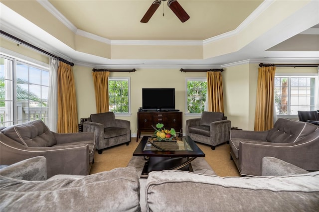 carpeted living room featuring a tray ceiling, crown molding, and a healthy amount of sunlight