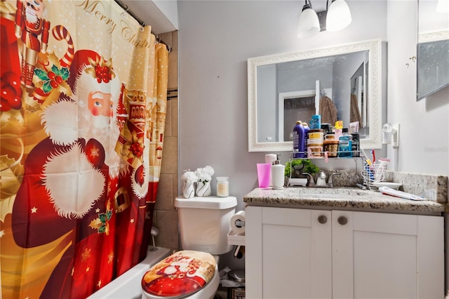 full bathroom with vanity, toilet, and shower / bathtub combination with curtain