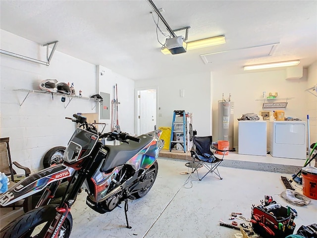 garage with electric panel, electric water heater, washer and dryer, and a garage door opener