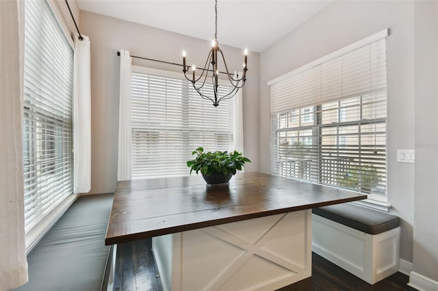 dining room featuring dark hardwood / wood-style flooring, a wealth of natural light, and a notable chandelier