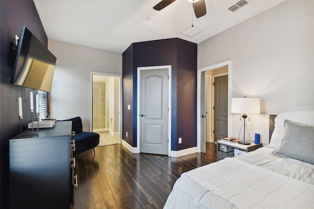 bedroom with connected bathroom, ceiling fan, and dark wood-type flooring