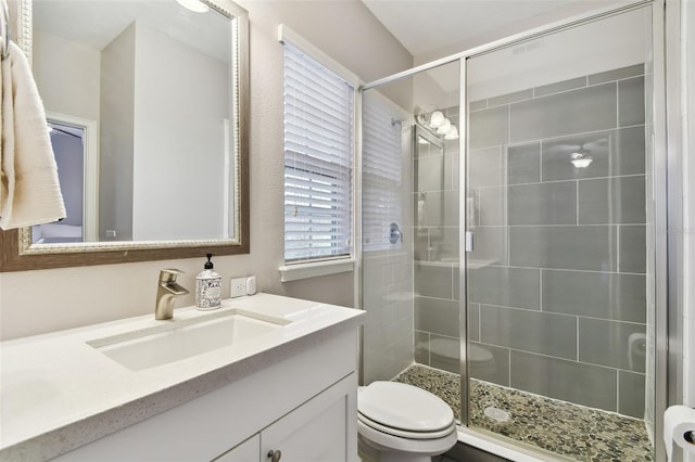 bathroom with an enclosed shower, vanity, and toilet