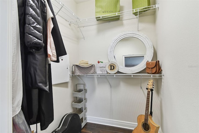 spacious closet with dark hardwood / wood-style flooring