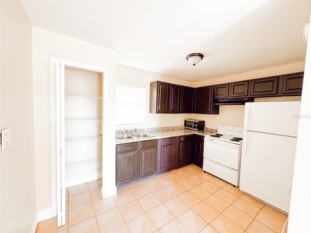 kitchen featuring light tile patterned floors, white appliances, dark brown cabinetry, and sink