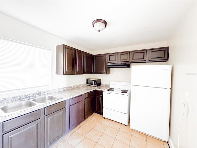 kitchen with light tile patterned floors, white appliances, dark brown cabinetry, and sink