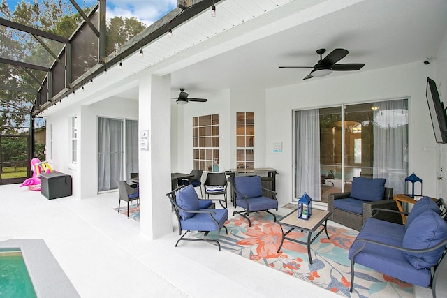 view of patio / terrace with outdoor lounge area and a lanai