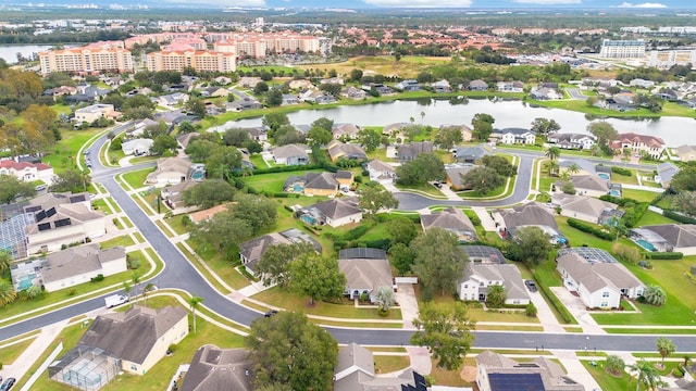 drone / aerial view featuring a water view