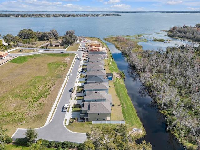 drone / aerial view with a water view