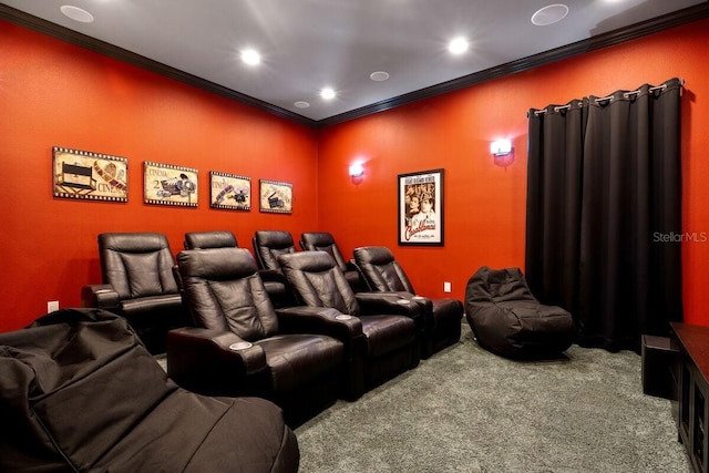 cinema room featuring carpet flooring and ornamental molding