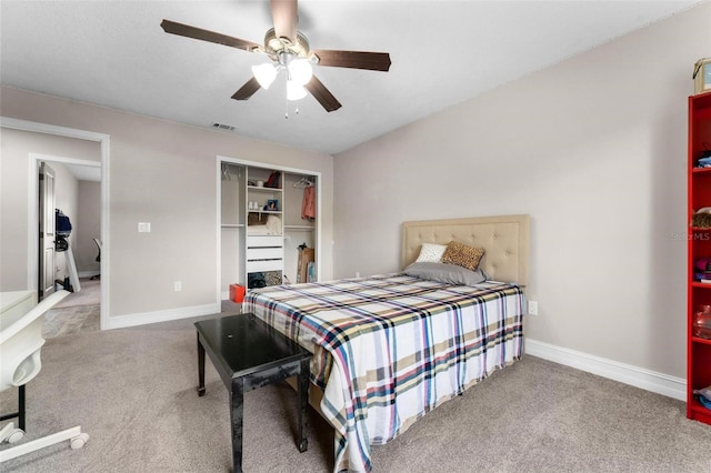 bedroom featuring carpet, a closet, and ceiling fan