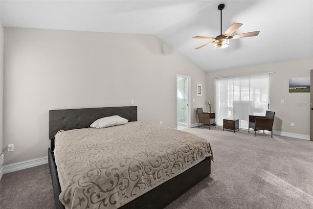 carpeted bedroom with ceiling fan and vaulted ceiling