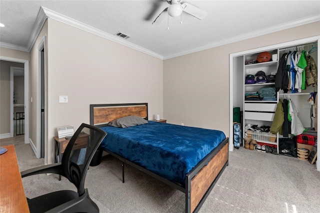 bedroom with carpet, ceiling fan, and crown molding