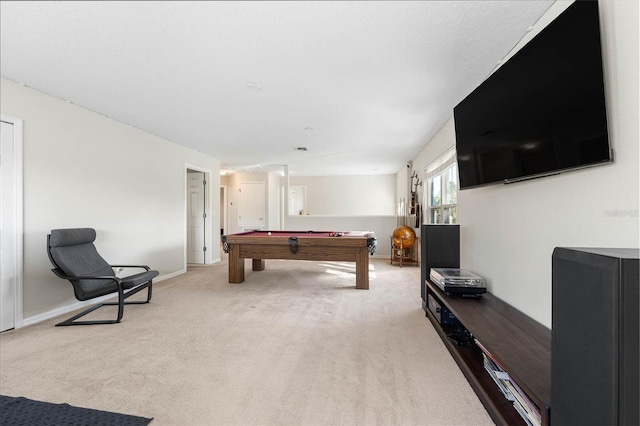 playroom with light colored carpet and billiards