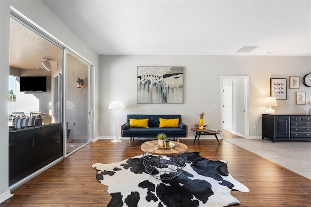 living room featuring wood-type flooring and a textured ceiling