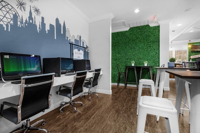 home office featuring wood-type flooring and crown molding