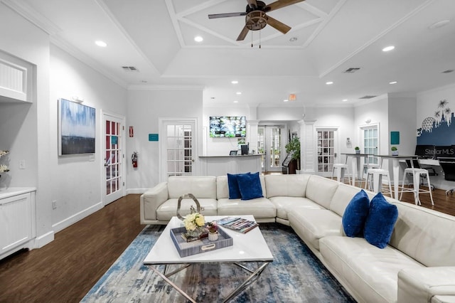 living room with french doors, dark hardwood / wood-style flooring, ceiling fan, and crown molding