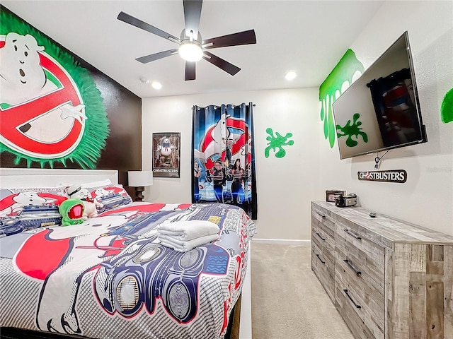 carpeted bedroom featuring ceiling fan