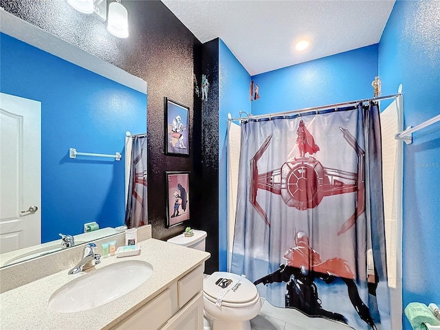 full bathroom with tile patterned flooring, vanity, toilet, and shower / tub combo with curtain