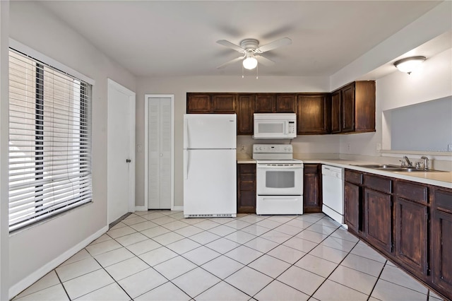 kitchen featuring dark brown cabinetry, white appliances, ceiling fan, and sink