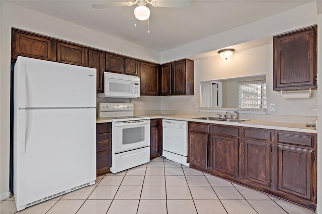 kitchen featuring white appliances, dark brown cabinetry, ceiling fan, sink, and light tile patterned floors