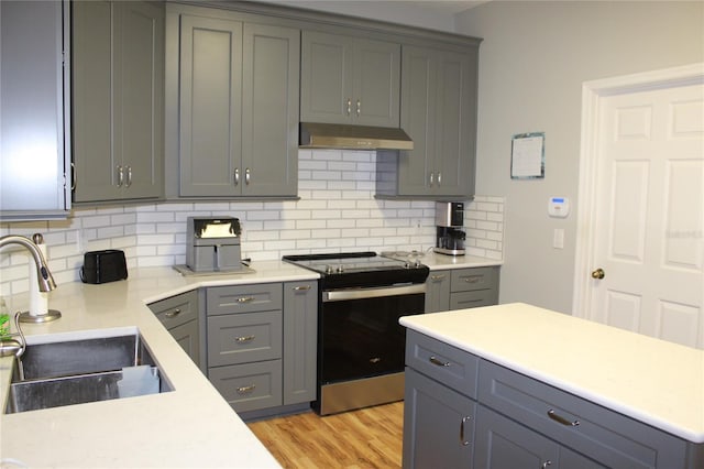 kitchen featuring light wood-type flooring, backsplash, sink, gray cabinets, and stainless steel electric range