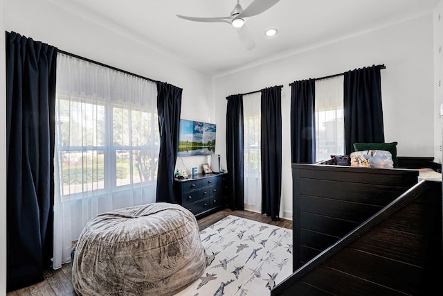 bedroom featuring wood-type flooring, multiple windows, and ceiling fan