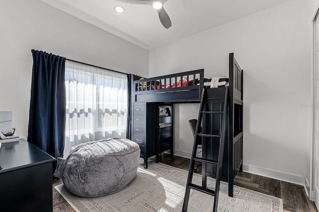 bedroom featuring ceiling fan and wood-type flooring