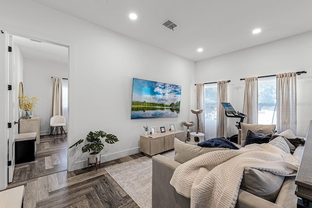 living room featuring dark parquet flooring