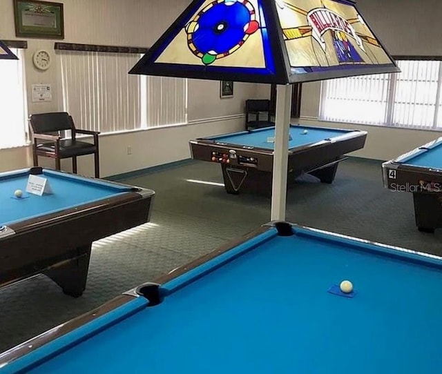 recreation room with carpet floors and pool table