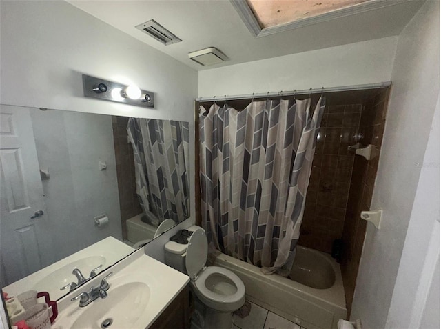 bathroom with visible vents, tile patterned flooring, vanity, toilet, and shower / tub combo