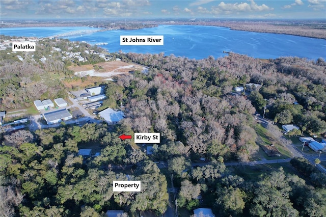 drone / aerial view with a water view and a wooded view