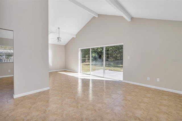 unfurnished living room with beam ceiling, high vaulted ceiling, a wealth of natural light, and ceiling fan