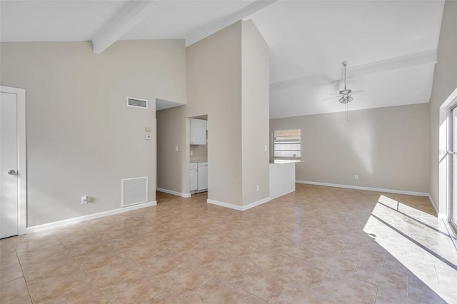 unfurnished living room with vaulted ceiling with beams, ceiling fan, and light tile patterned floors