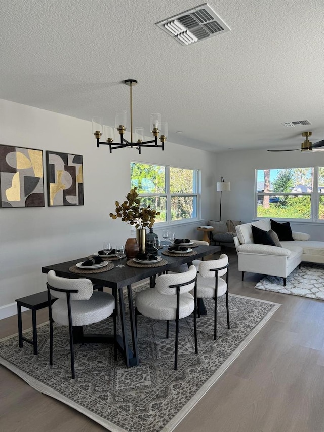 dining area with a textured ceiling, ceiling fan with notable chandelier, and dark wood-type flooring