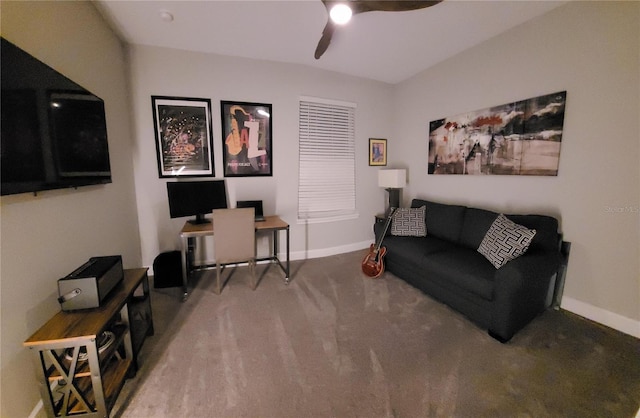 carpeted living room with ceiling fan