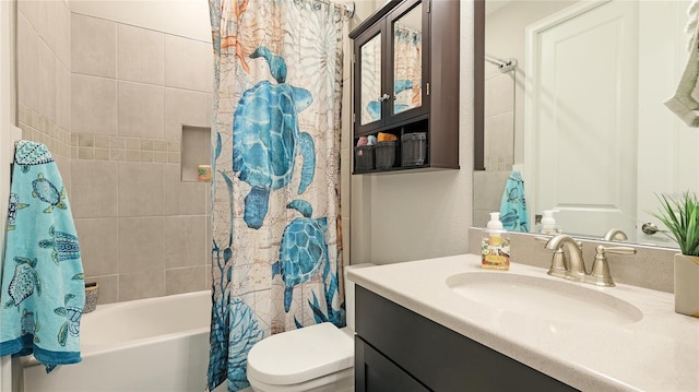 full bathroom featuring vanity, toilet, and shower / bathtub combination with curtain