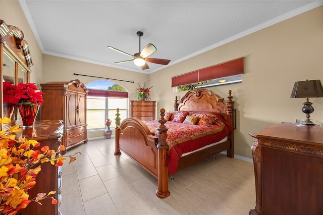 bedroom featuring ceiling fan, light tile patterned flooring, and crown molding