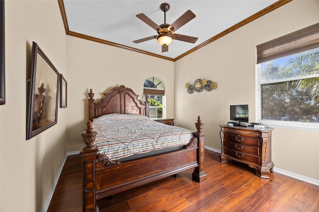 bedroom with ceiling fan, crown molding, and dark hardwood / wood-style floors