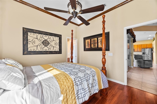 bedroom with stainless steel fridge with ice dispenser, ceiling fan, crown molding, and dark wood-type flooring