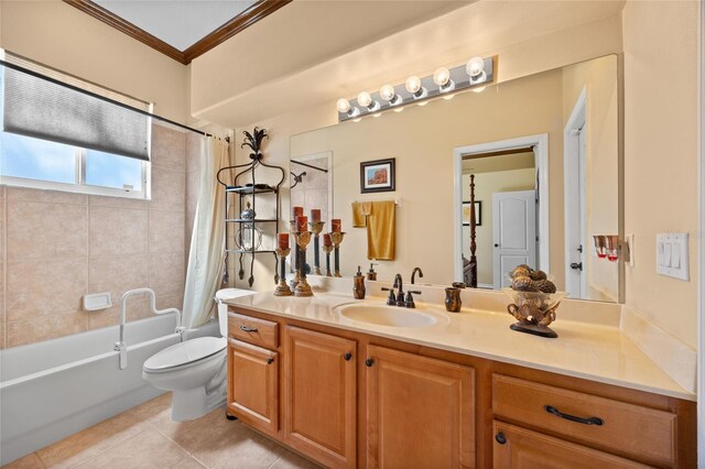 full bathroom with vanity, tile patterned flooring, toilet, shower / bathtub combination with curtain, and ornamental molding