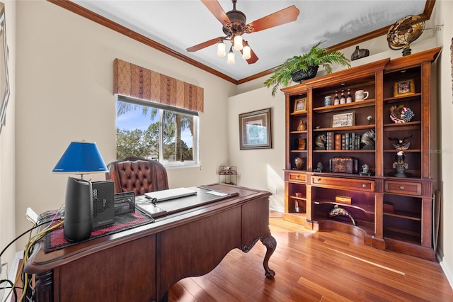 office area featuring light hardwood / wood-style flooring, ceiling fan, and crown molding