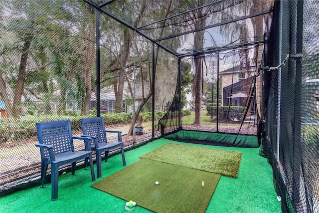 unfurnished sunroom featuring golf simulator