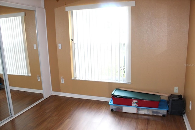 bedroom with wood-type flooring and a closet