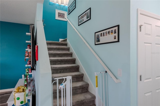 stairway with hardwood / wood-style floors