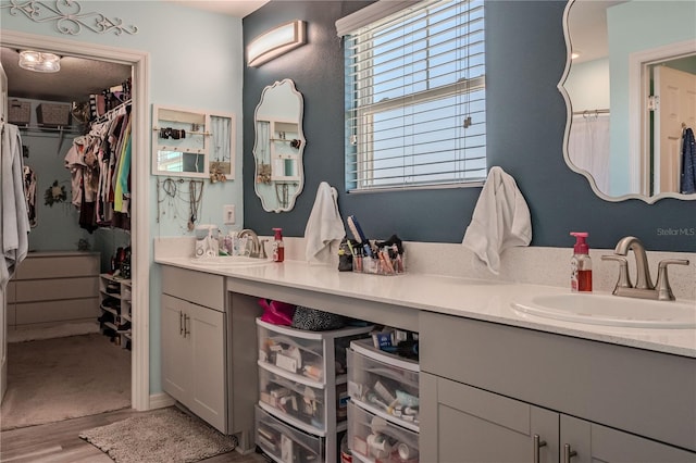 bathroom with vanity and hardwood / wood-style flooring