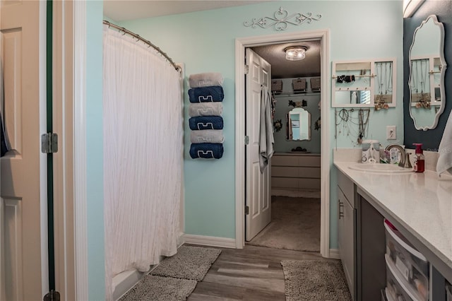 bathroom featuring a shower with curtain, hardwood / wood-style floors, and vanity